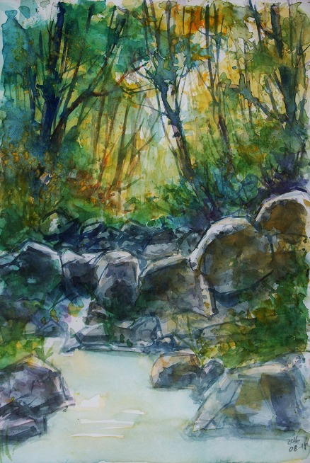 227_2016 Watercolor-Sketches /Daler-Rowney Graduate Sketchbook, 21,0 x 14,9 cm / 8.3 x 5.8 in / Lukas Aquarell 1862 / "Creek" - from a photograph by Margaret Parker Brown.
