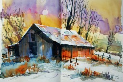 400_2016 Watercolor-Sketches /Daler-Rowney Graduate Sketchbook, 2x 21,0 x 14,9 cm / 8.3 x 5.8 in / Lukas Aquarell 1862 Lukas Farben A quick morning sketch - preparing for winter.